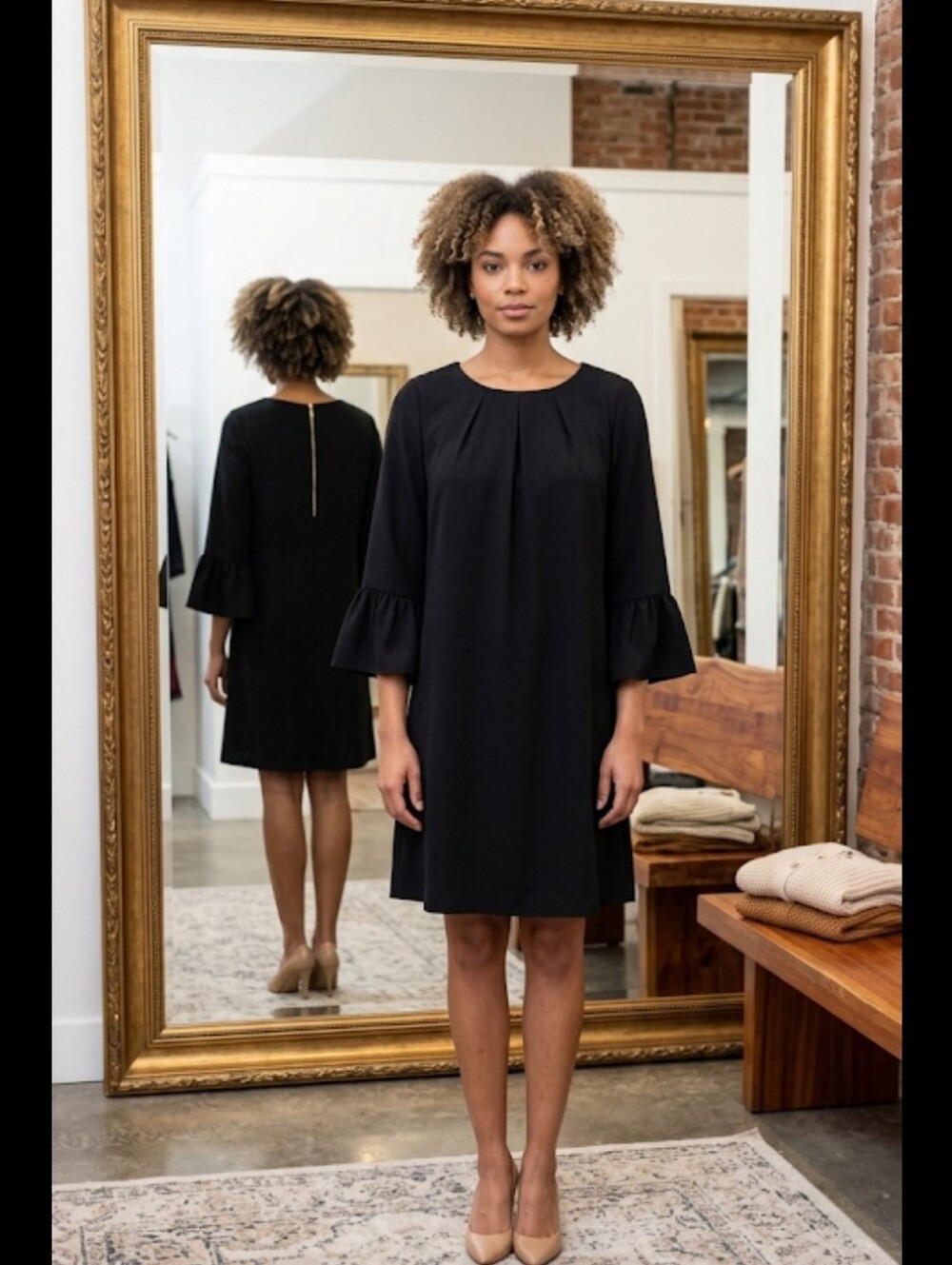 Lil black knit Dress L sheath ruffle sleeves Nina Leonard